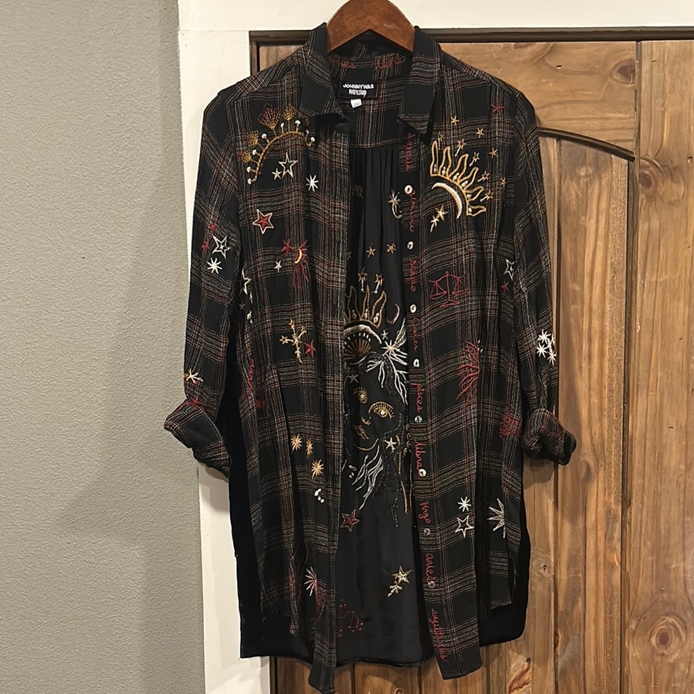 Johnny Was Workshop Zodiac Embroidered Button Up Long Sleeve w/ Velvet Back